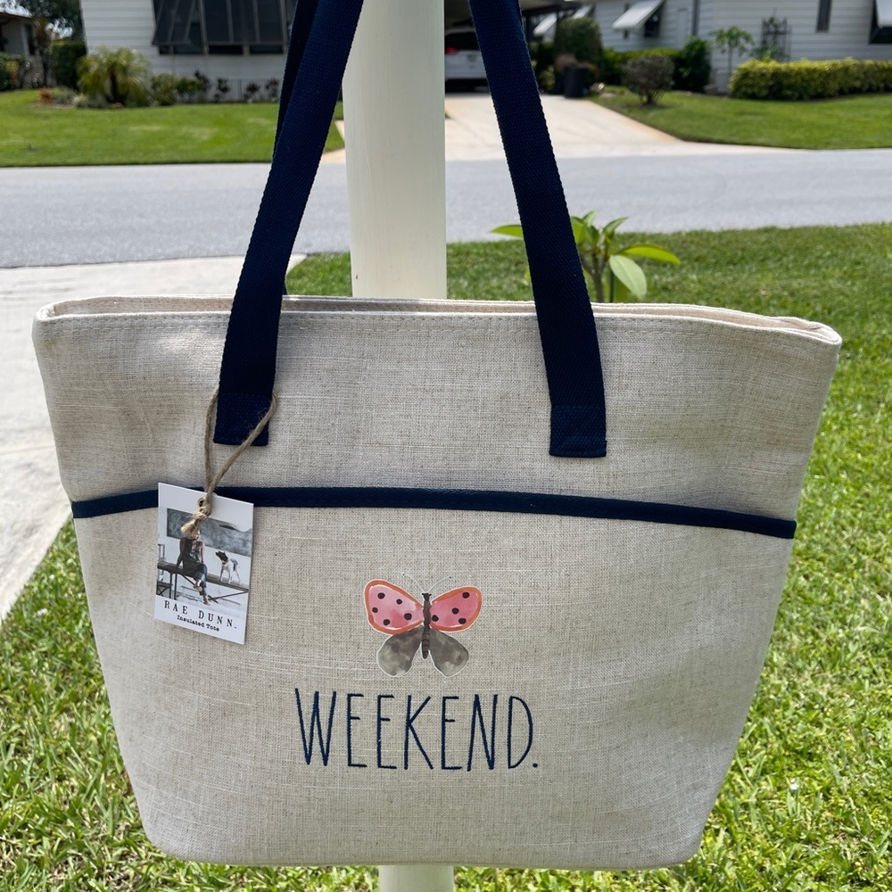 RAE DUNN Weekend Butterfly Tan/Blue Insulated Tote - Picture 2 of 12